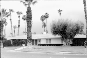 Mid-Century-Modern Wohnhaus mit Palmen in Palm Springs, Schwarzweiß-Fotografie von J.F. Lindemann mit Leica M6 und dem Summicron 35mm