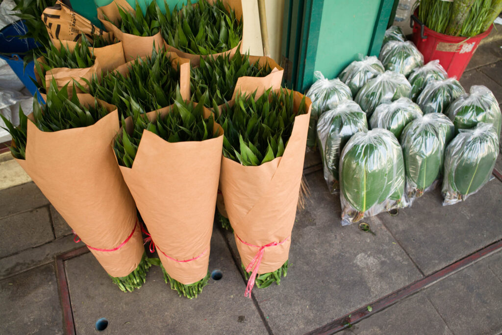 Frisch verpackte Pflanzenbündel in Papier und Plastik auf dem Bürgersteig · urbane Street Photography · Serie WRAPPED von J.F. Lindemann · Leica M mit Summicron-M 28mm f/2.0 ASPH