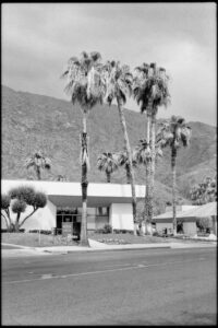 Wells Fargo Bankgebäude im Mid-Century Modern Stil in Palm Springs mit Palmen und Bergen, Schwarzweißfotografie aufgenommen mit Leica M6 und Summicron 35mm auf Ilford HP4 Film, Fine Art Print von J. F. Flindemann