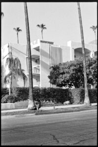Wohngebäude im Mid-Century Modern Stil in Palm Springs mit Palmen, Schwarzweißfotografie aufgenommen mit Leica M6 und Summicron 35mm auf Ilford HP4 Film, Fine Art Print von J. F. Flindemann