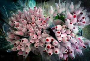 Bunte Blumensträuße in weißen Papierhüllen auf dem Blumenmarkt in Bangkok · Fotografie von J.F. Lindemann · Leica M6, 35mm Summicron