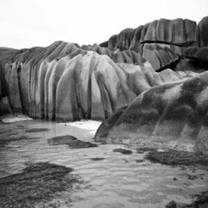 Seychellen, La Digue am Strand mit skurrilen Felsen und einer Palme. Mamiya 6 mit Kodak TMX ein Foto von J.F.Lindemann